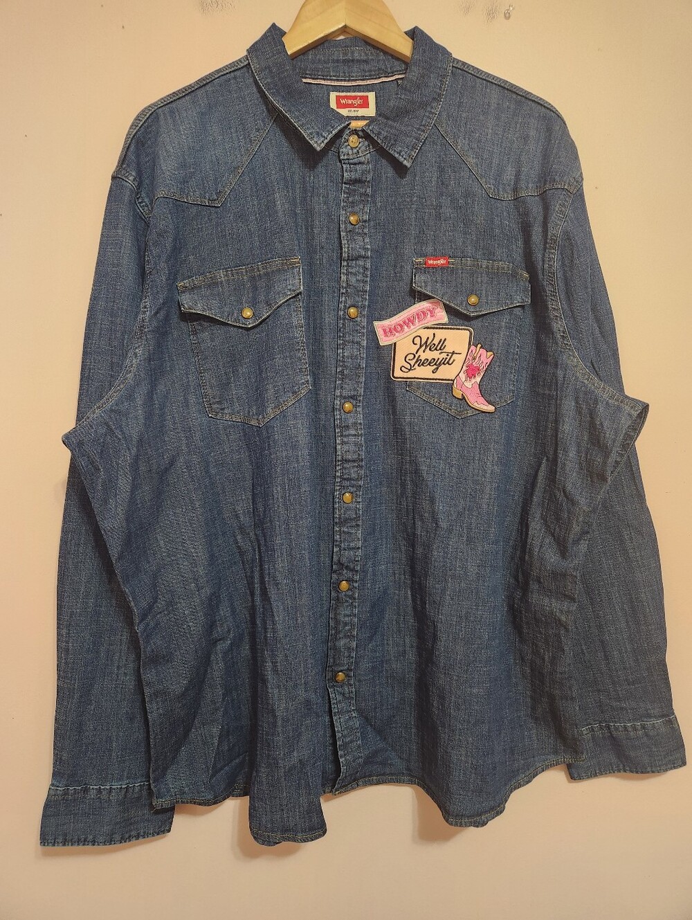 Wrangler Custom Patched Western Denim Snap Shirt Rodeo Festival Blue Size 2XL